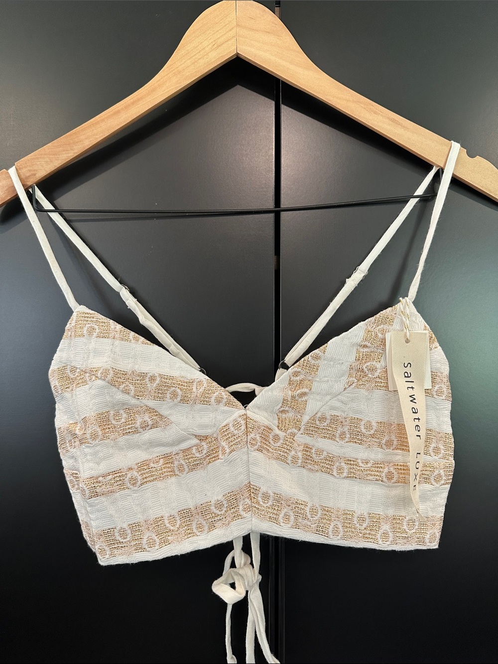Saltwater Luxe White Gold Metallic Lurex Stripe Lace Up Crop Top Small NEW